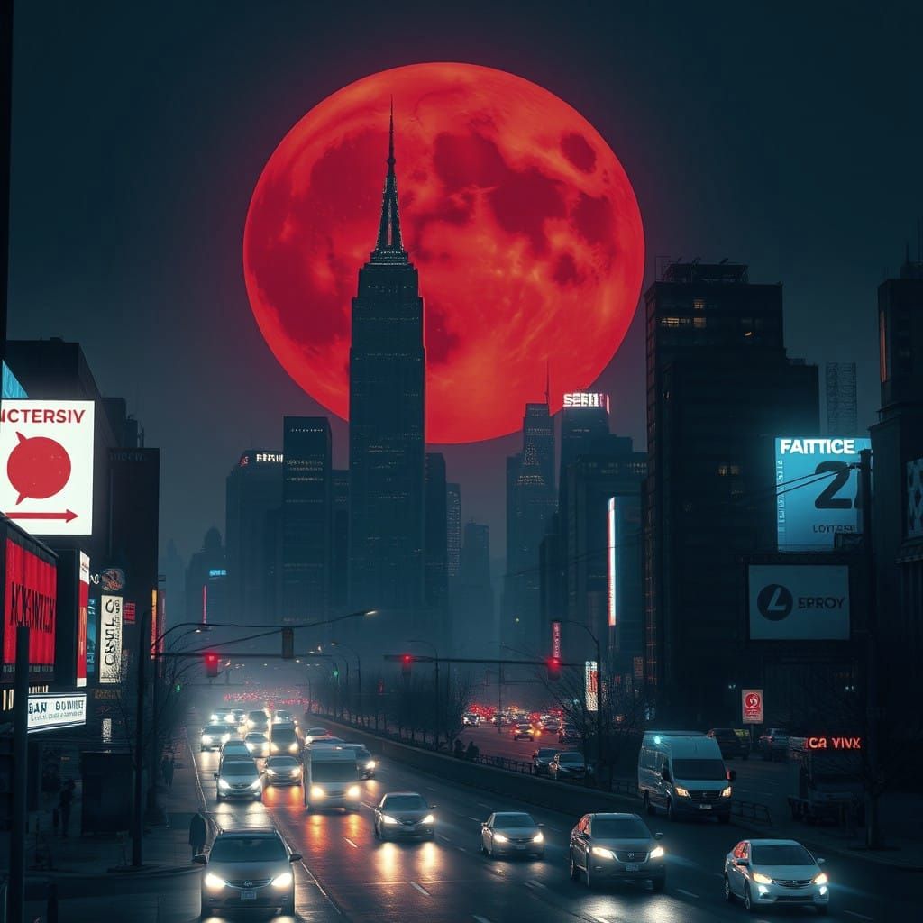 Surreal New York City Under the Glowing Red Moon