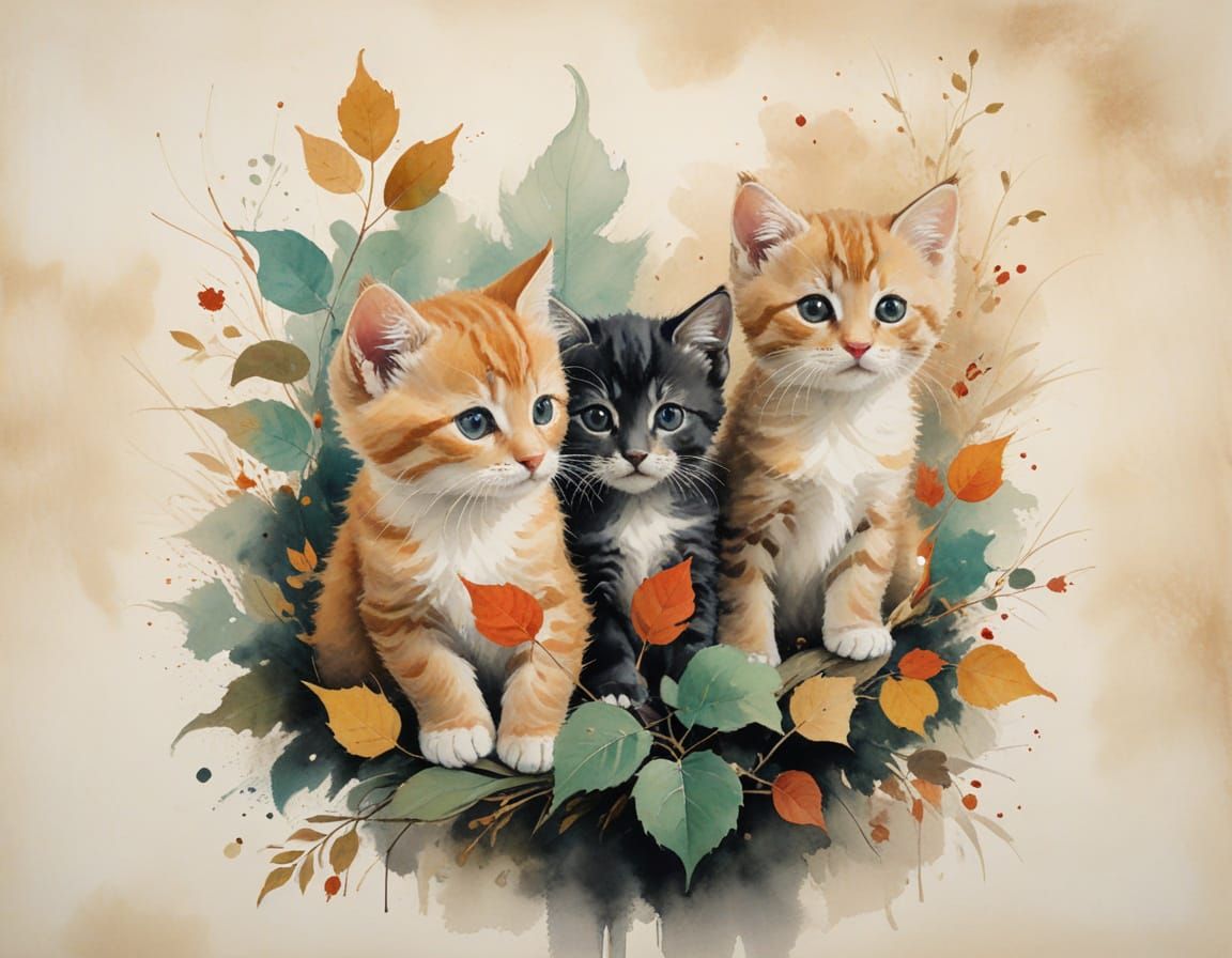 Kittens on Autumn Leaves in Ink Wash Style