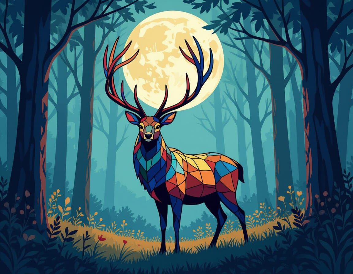 Full shot. A majestic stag with antlers of stained glass sta...