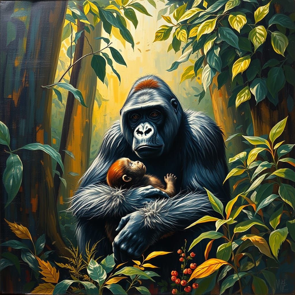 Gorilla Mother and Baby in Lush Impasto Style