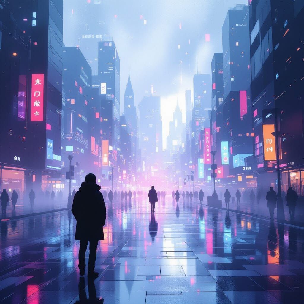 Abstract Figure Observes City Square in Mist