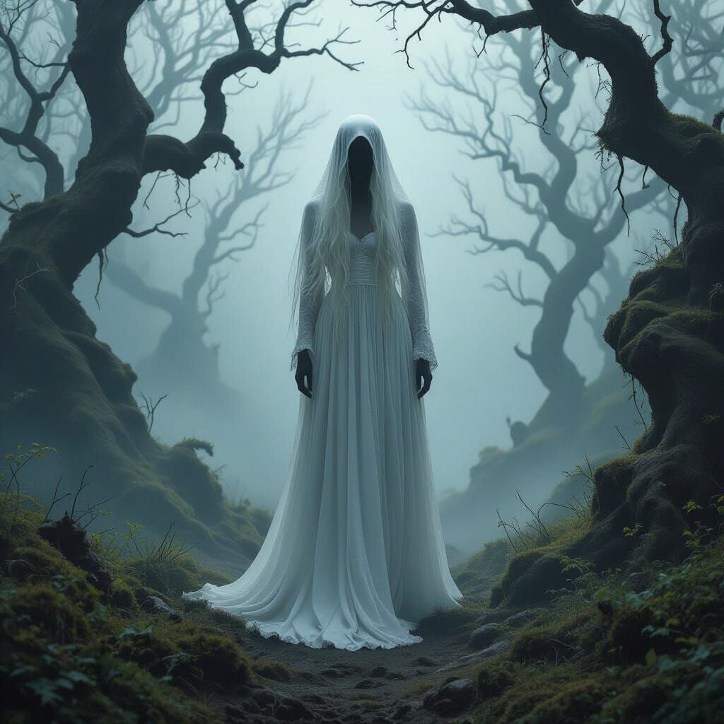 Ethereal Woman in Misty Forest, Surrealist Style