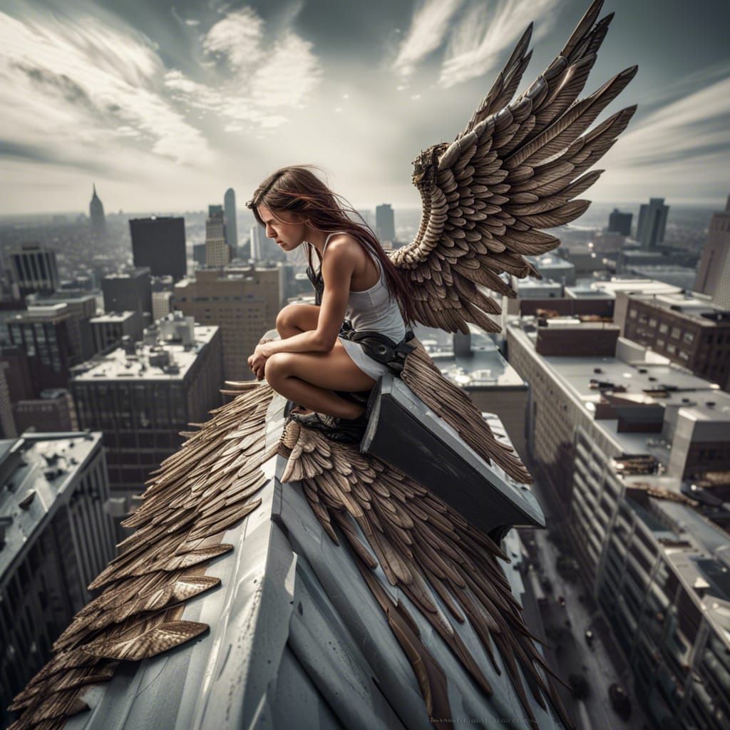 Angel on Skyscraper Edge Ready to Fly