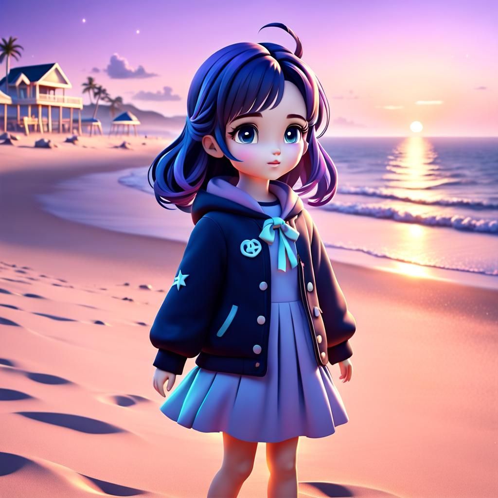 Adorable Little Girl at the Beach in 3D
