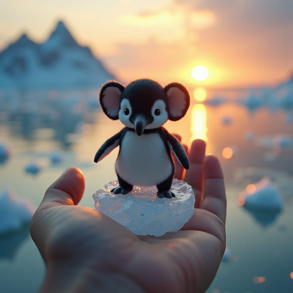 Miniature Elephant-Penguin Hybrid on Iceberg in Cinematic St...