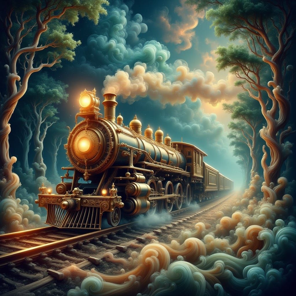 Ethereal Steam Train Journey Through Crystal Forest