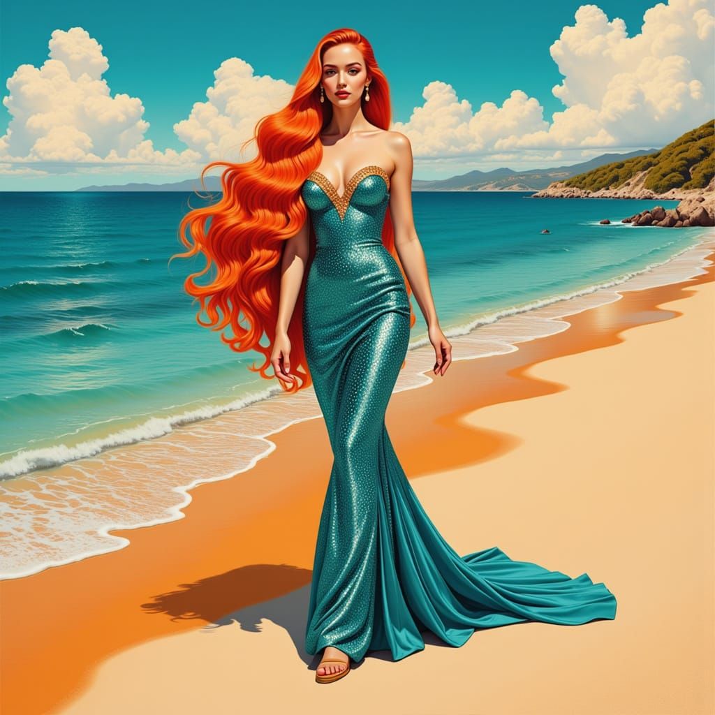 Magenta Princess on the Beach, in Art Nouveau Style