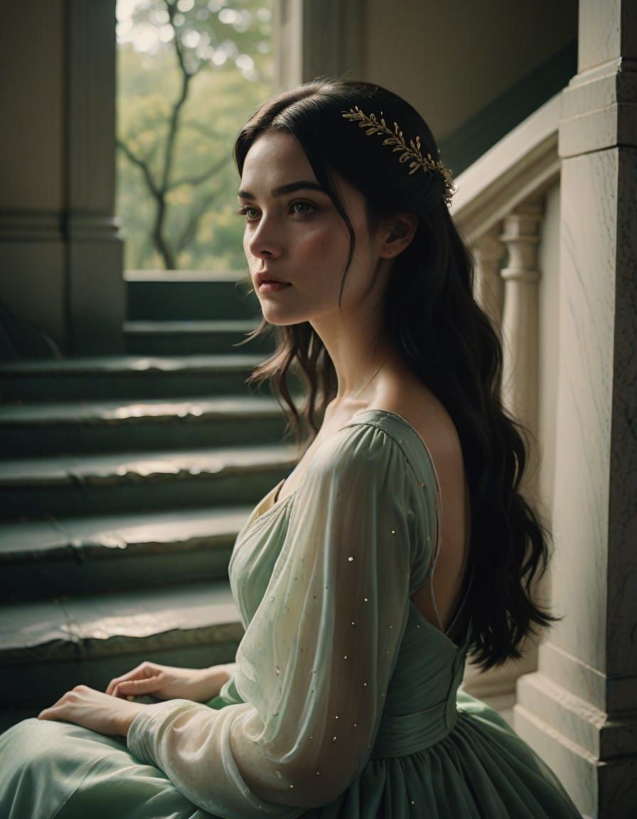 Ethereal Woman in Soft Focus on Marble Staircase