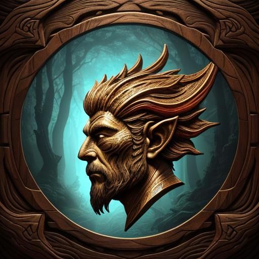 Detailed Wood Carving of Fantasy Creature in Mystical Forest