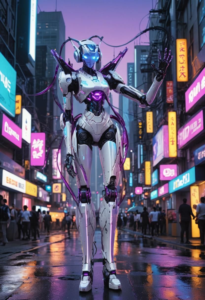 Futuristic Neon Robot in Cyberpunk Cityscape