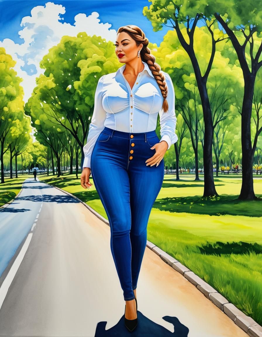 Curvy Businesswoman in Park: Oil-Guache Painting
