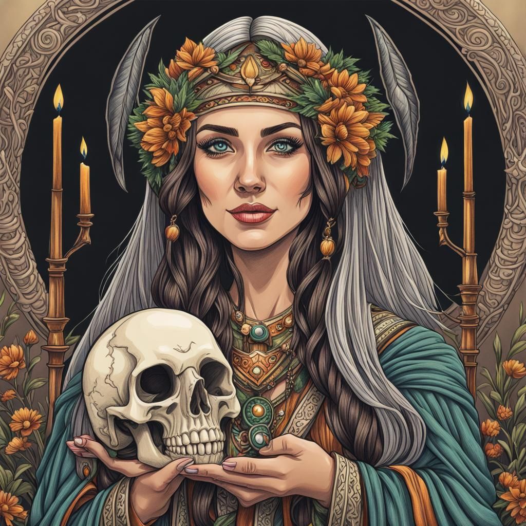 Female Druid with Skull: Colored Pencil Drawing