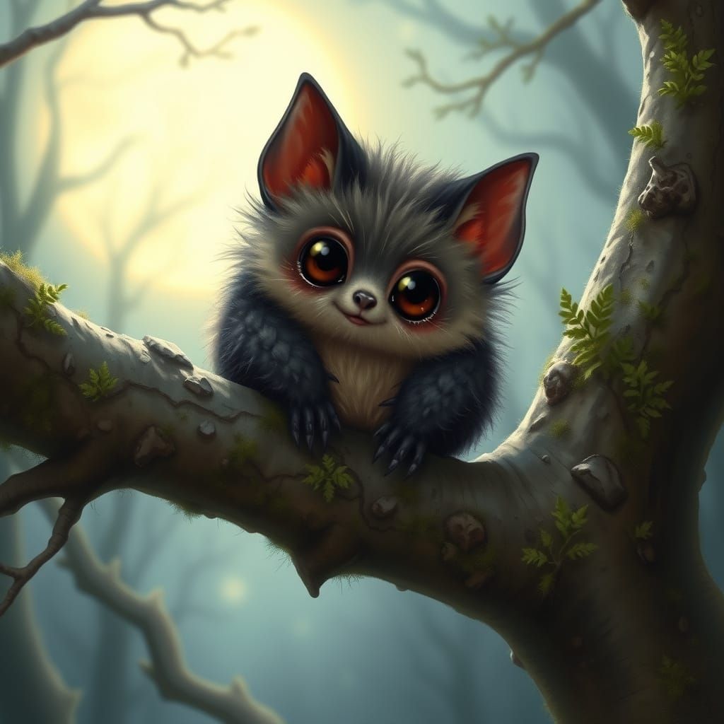 Fluffy Bat with Big Eyes in Moonlit Forest