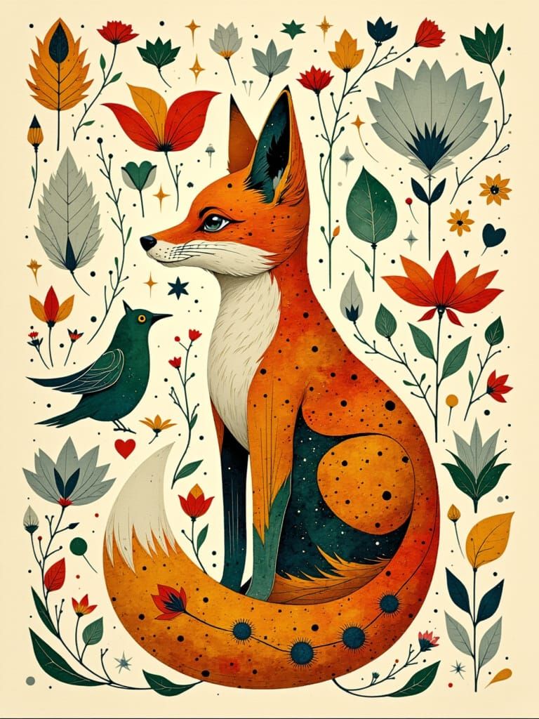 Vibrant Nordic Folk Art Fox with Intricate Patterns