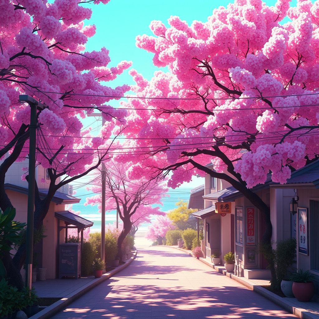 Vaporwave Japanese Village Street with Cherry Blossoms