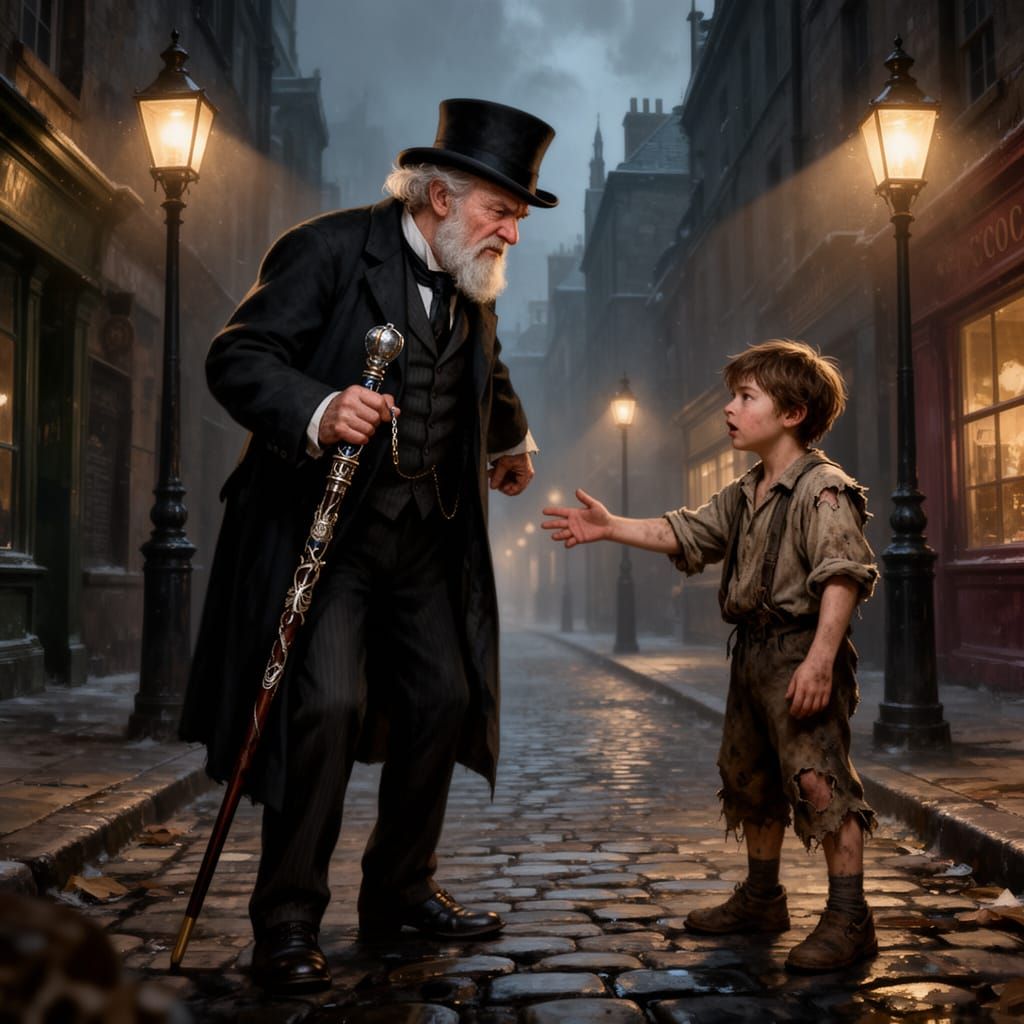 Scrooge Scowls at Poor Boy on Victorian Street
