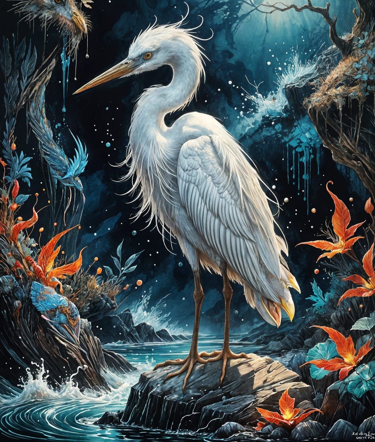 White Heron Ink Sketch in Surreal Pop Art Style