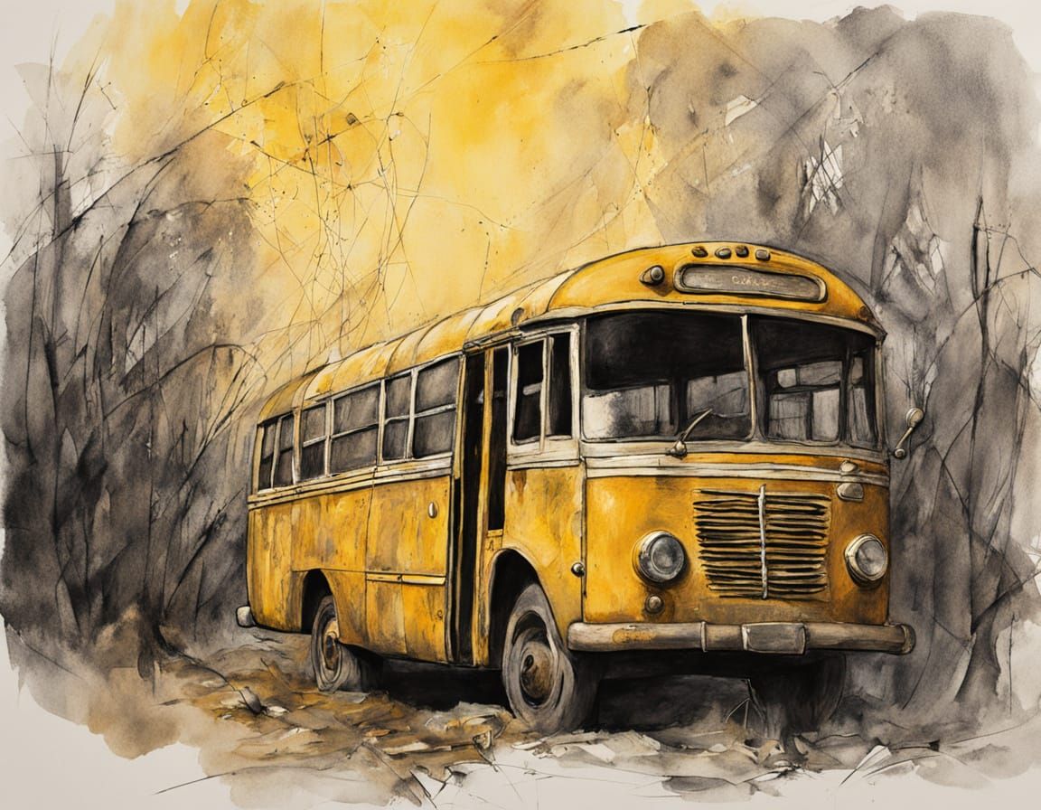 Rusted Yellow Bus: A Grungy Oil Painting