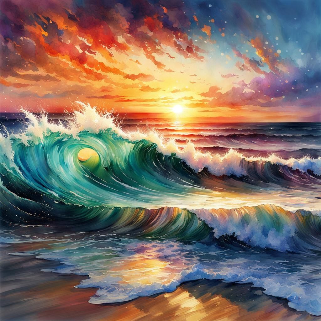 Watercolor Sunset with Luminous Waves and Cosmos