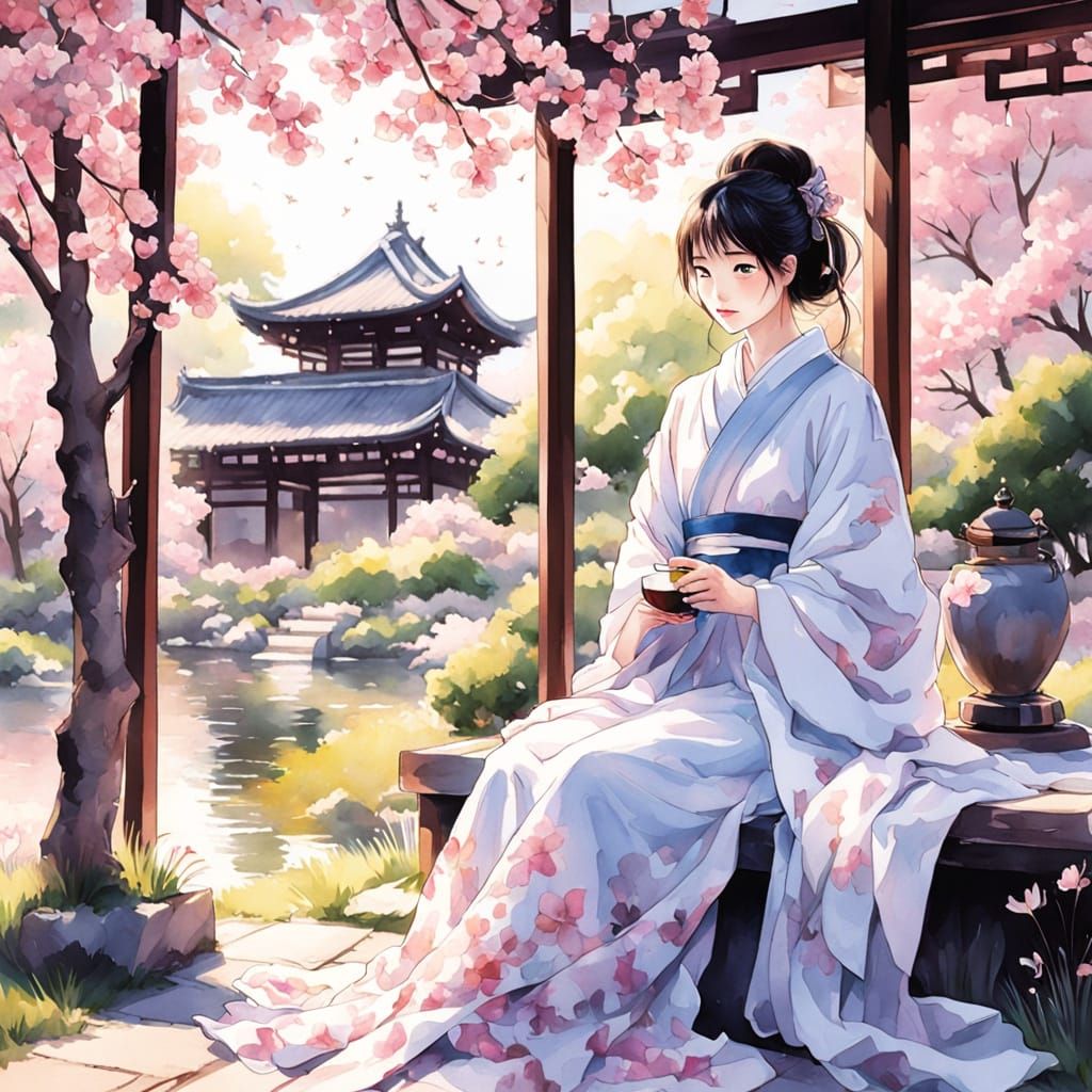 Whimsical Watercolor of a Kimono-clad Woman in a Japanese Ga...