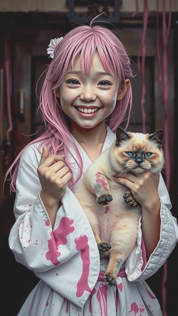 Joyful Albino Girl Embraces Pinkness with Siamese Cat