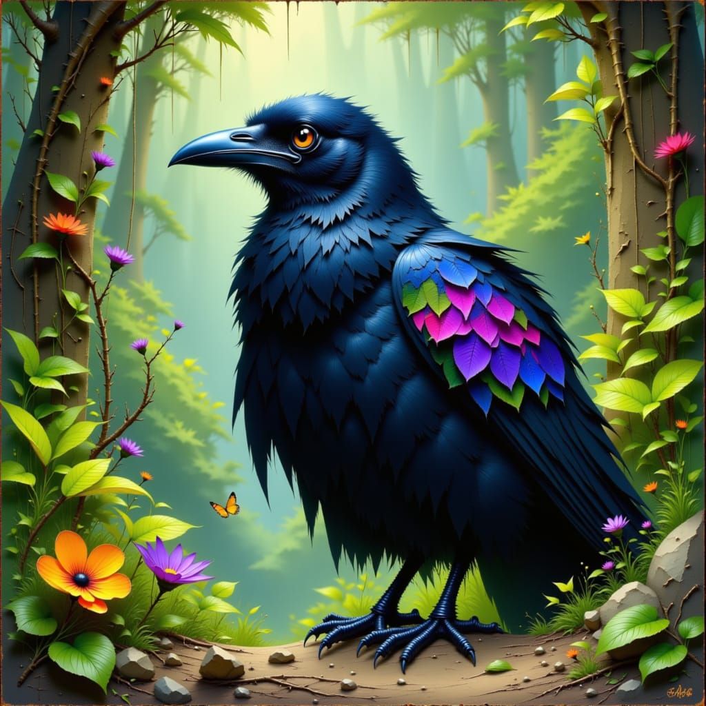 Confident Hawaiian Crow in Lush Forest