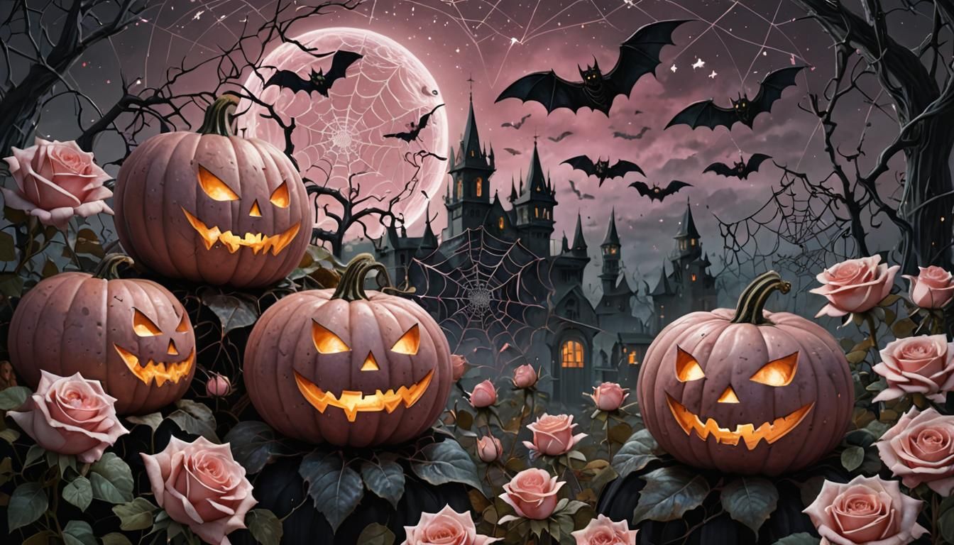 Holographic Halloween Illustration with Pumpkins and Roses
