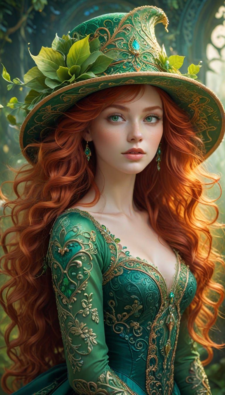 Whimsical Redheaded Lady in Fantastical Dreamscape