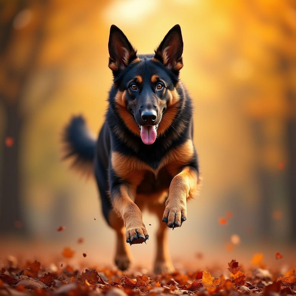 German Shepherd Leaping Over Autumn Leaves