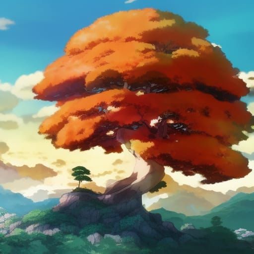Giant Bonsai Tree Sunrise in Anime Style