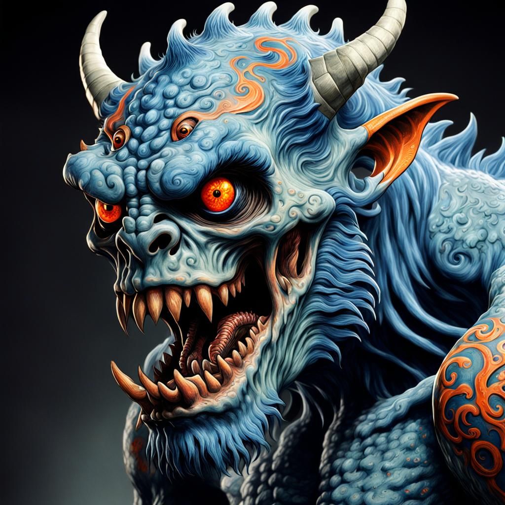 Demonic Blue Porcelain Monster with Tattoos