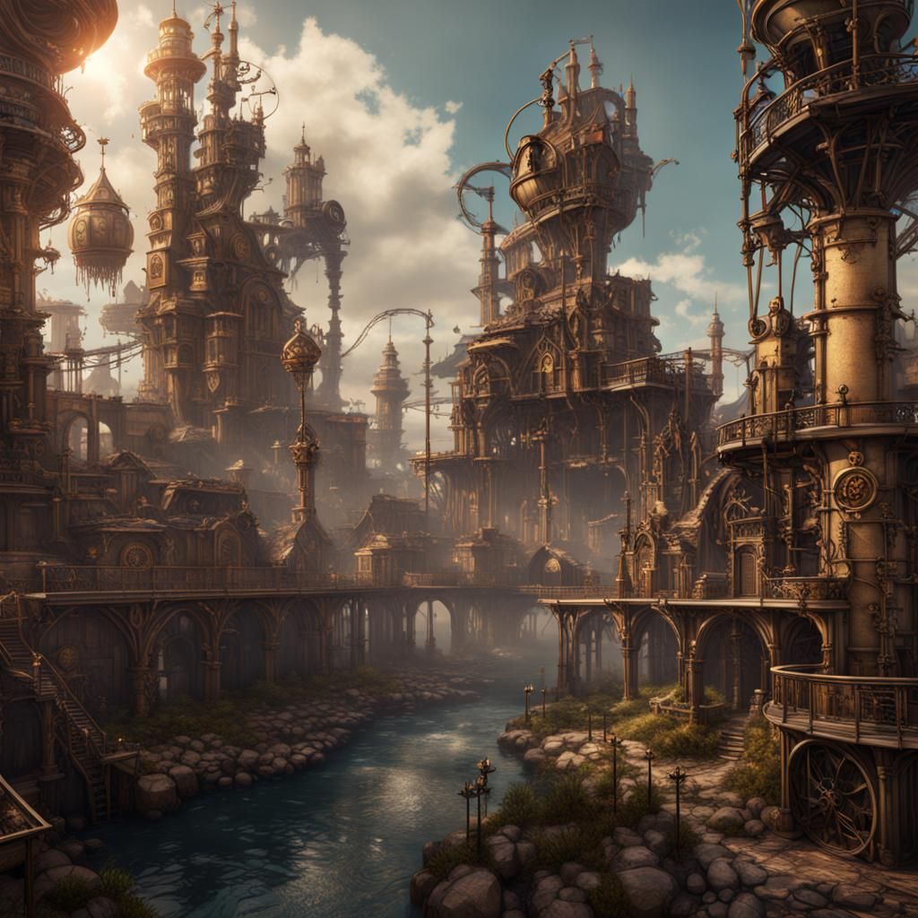 Steampunk Landscape: Detailed Matte Painting in 8K