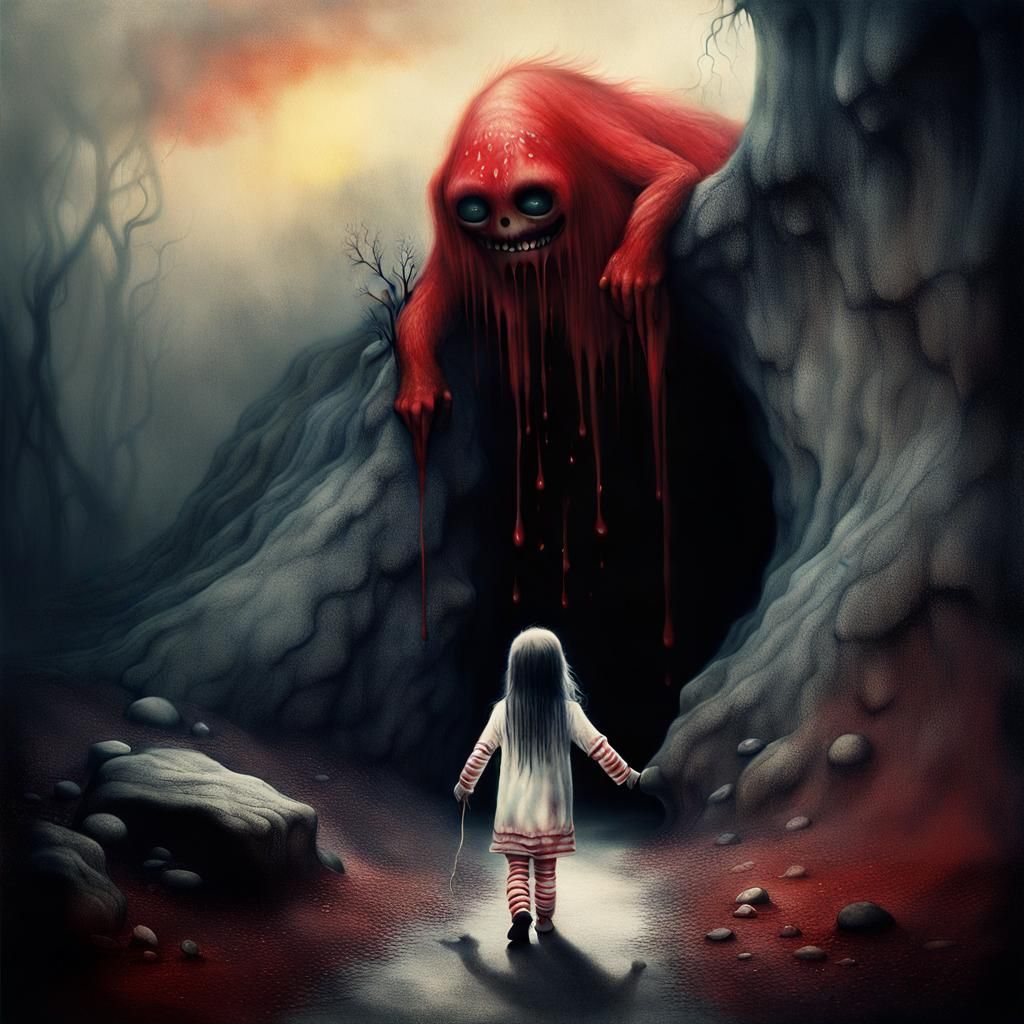 Surreal Monster Leads Girl to Cave