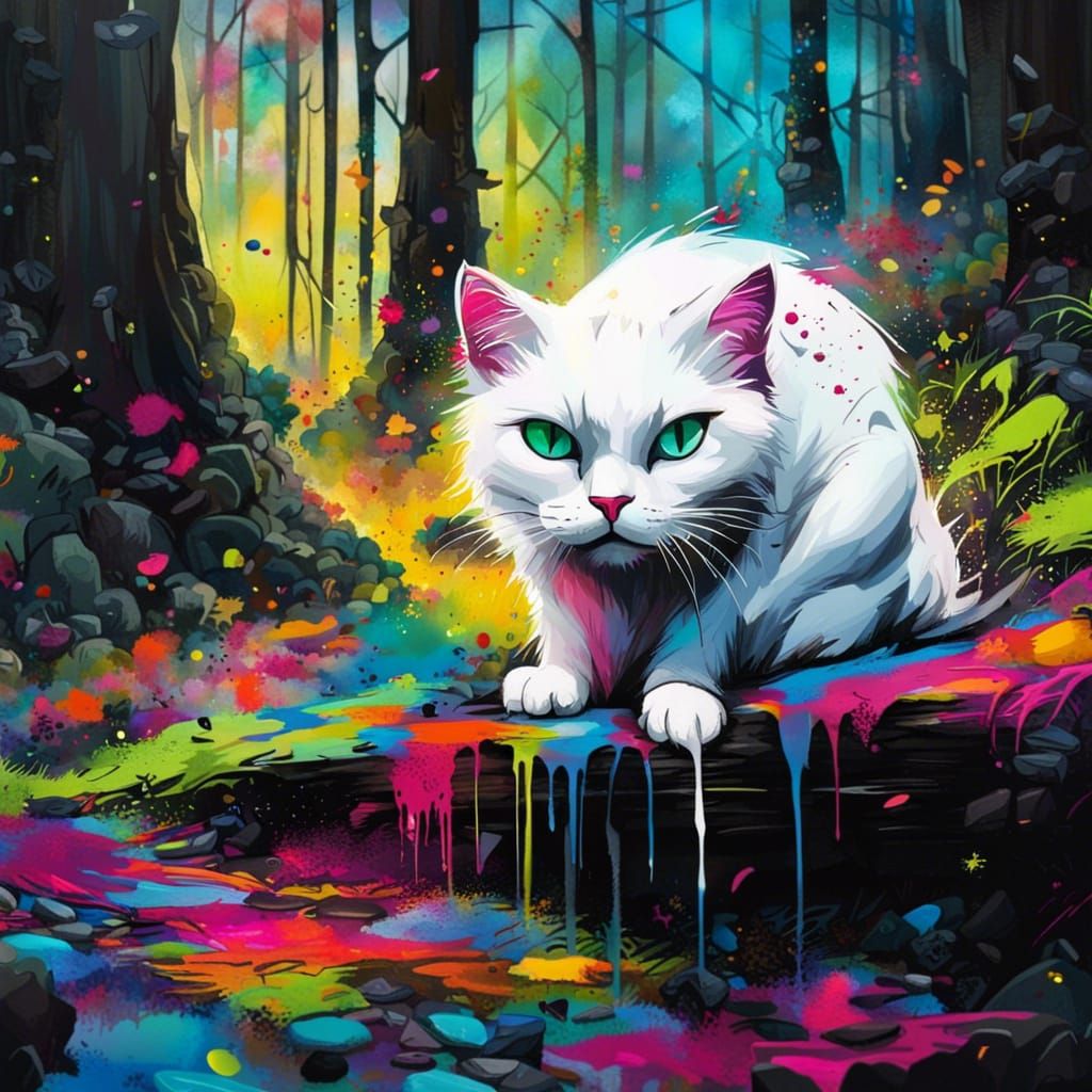 Colorful Forest Cat with Scar in Graffiti Art Style