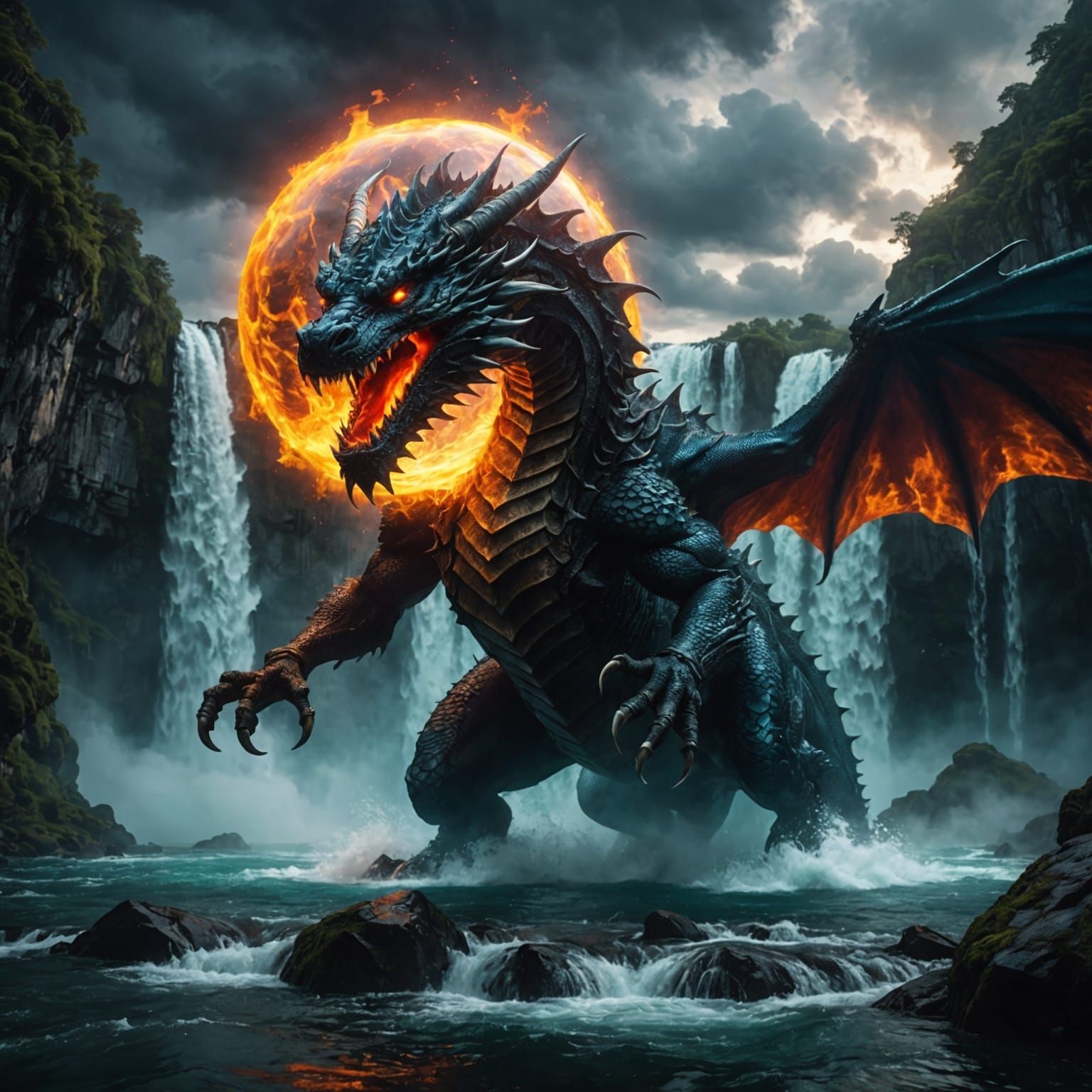 Underwater Dragon in Front of Glowing Orb