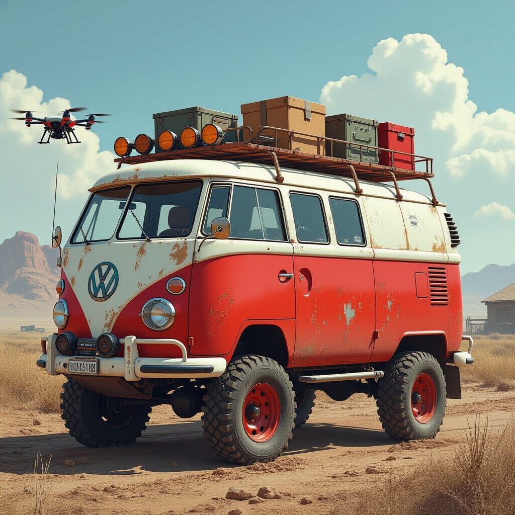 Cyberpunk Survival Van in Farming Wasteland