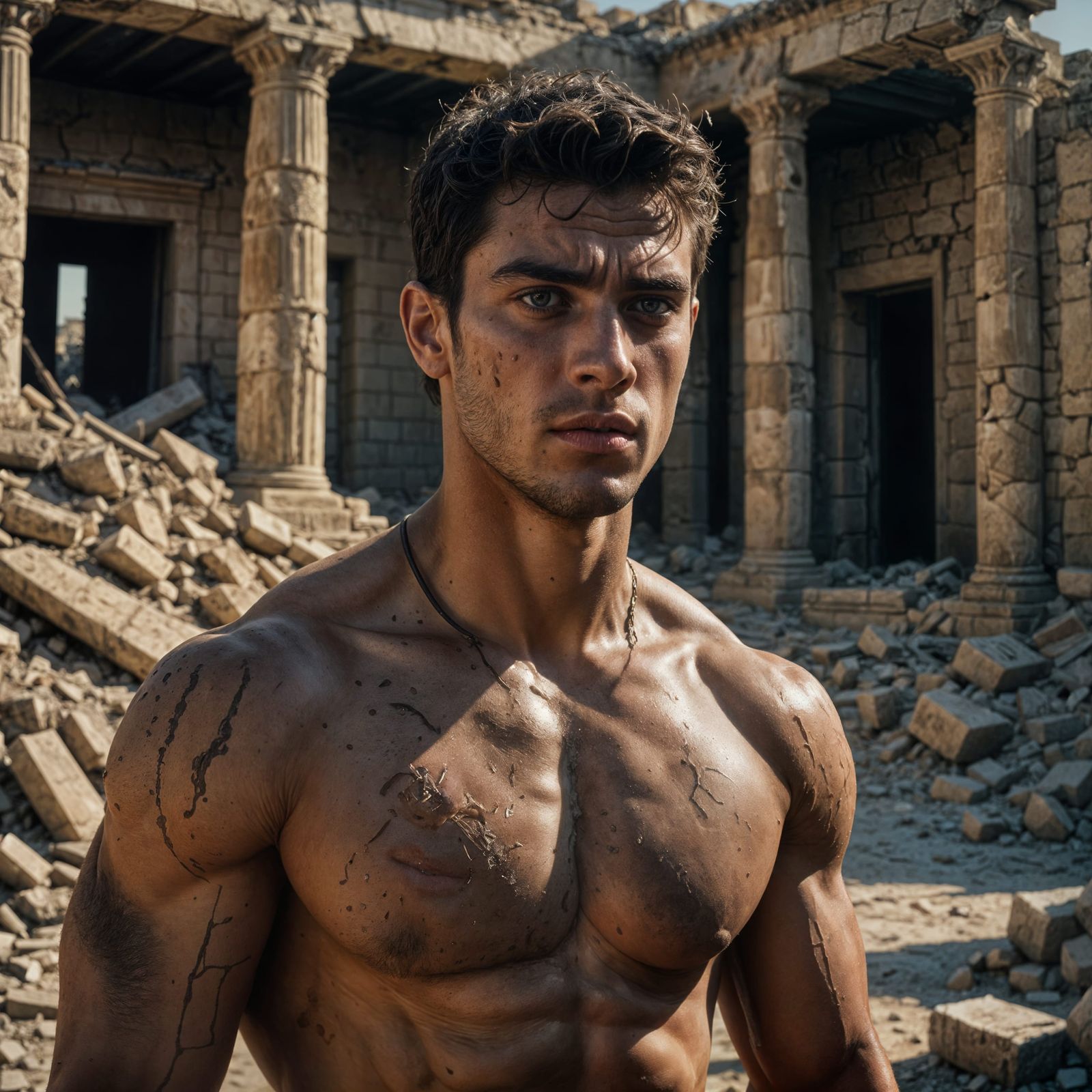 Defiant Greek Youth in Crumbling Ruins, Cinematic Realism