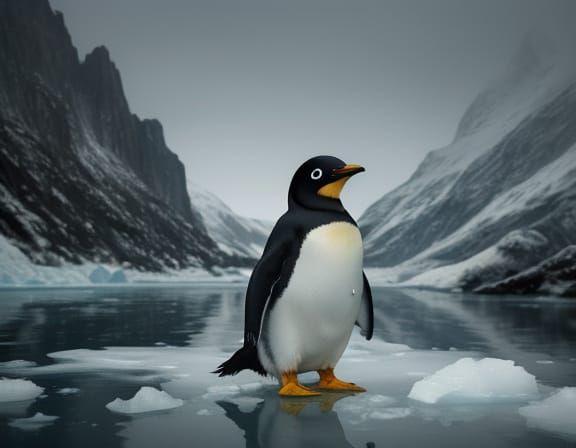 Cute Penguin on Ice Floes with Body Horror Textures