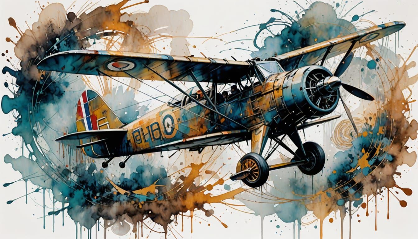 Biplane Soaring from a Vortex in Watercolour Style