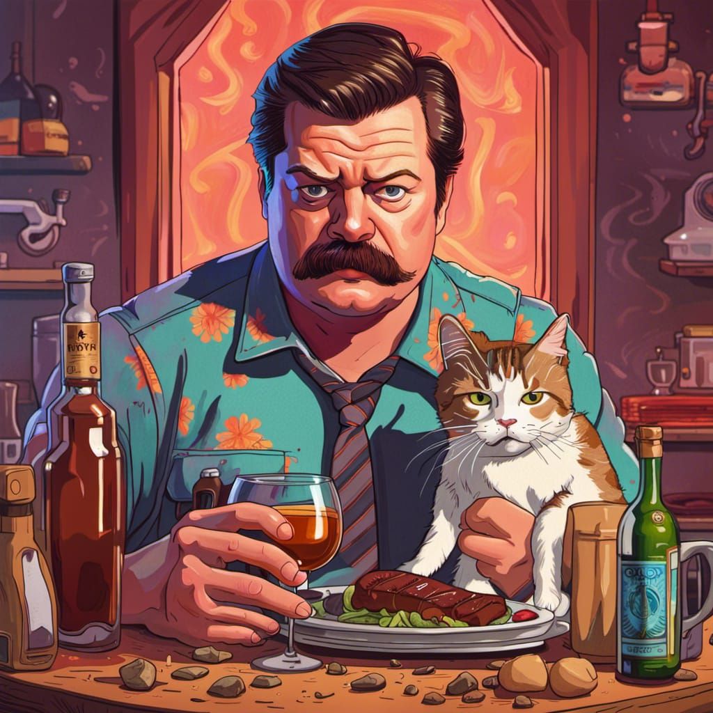 Ron Swanson and Cat, Rick and Morty Style