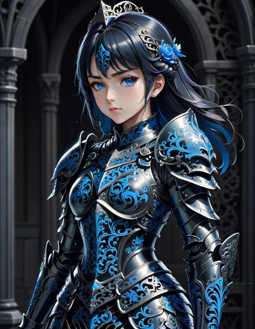 Anime Female Knight in Blue and Black Armor