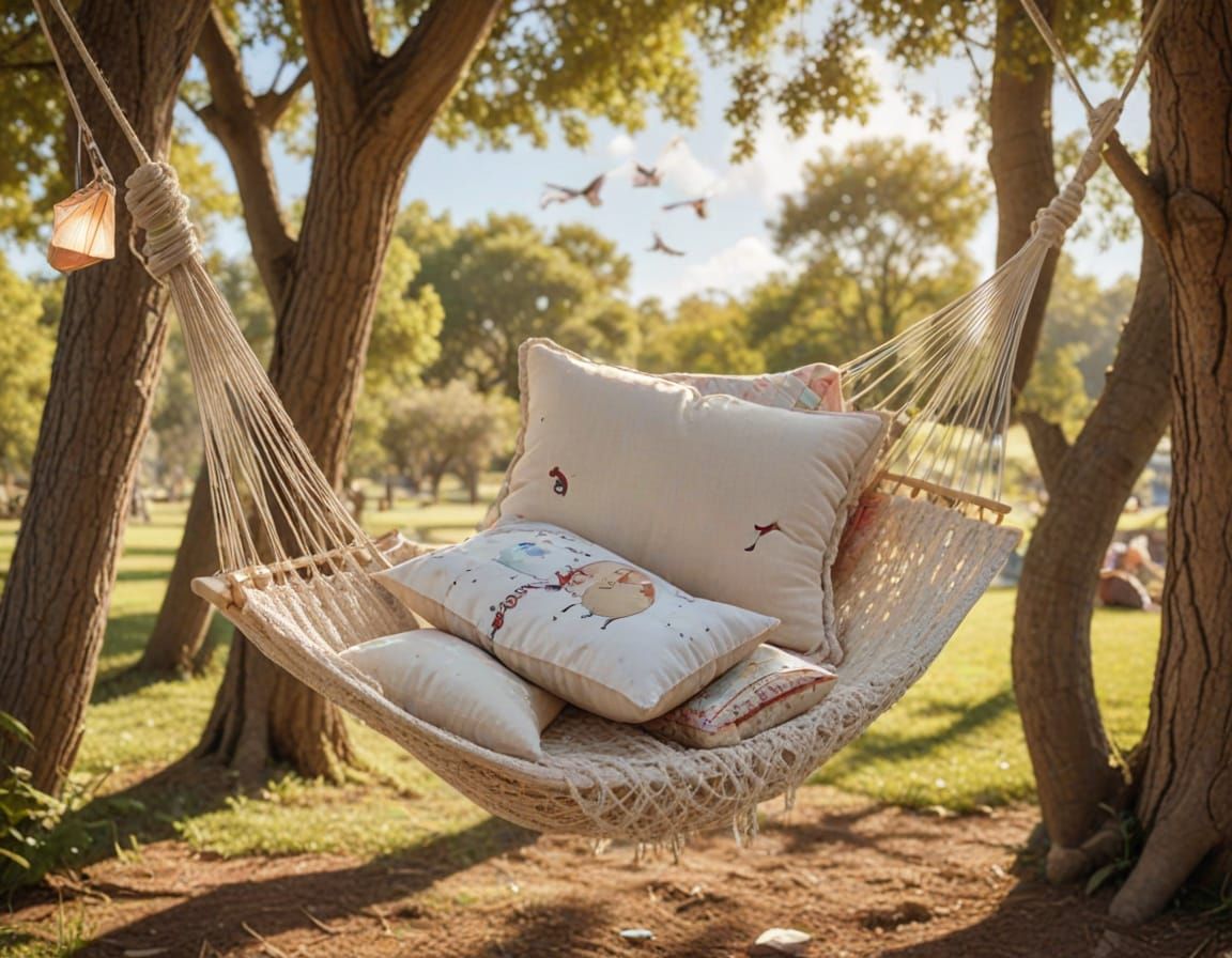 Whimsical Pillow Hammock Scene in Dreamy Afternoon Light