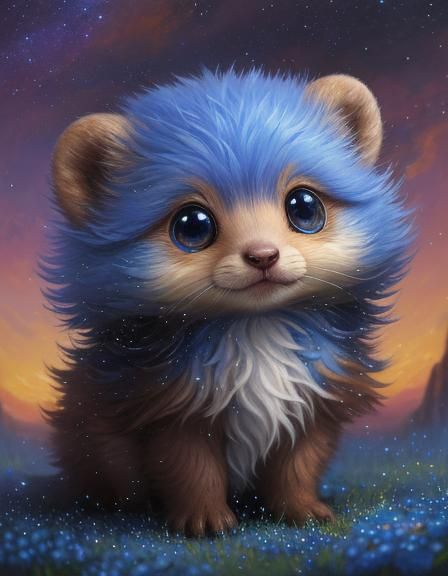 Cute Fluffy Weasel in Flower Rain, Oil Painting