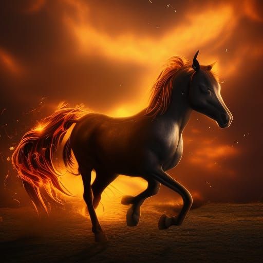Flaming Black Nightmare Horse: Detailed Digital Art