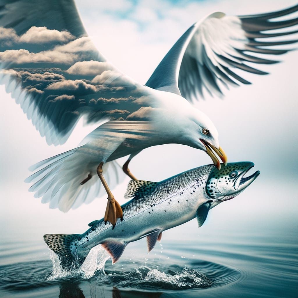 Seagull in Mid-Air Catch, Holding Salmon in Its Beak