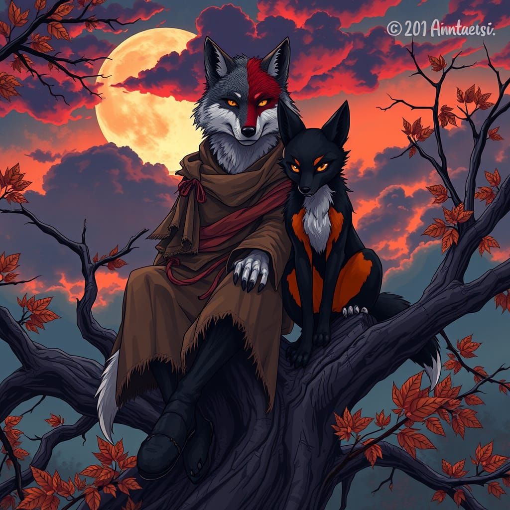 Gray Wolf and Fox in Autumnal Landscape
