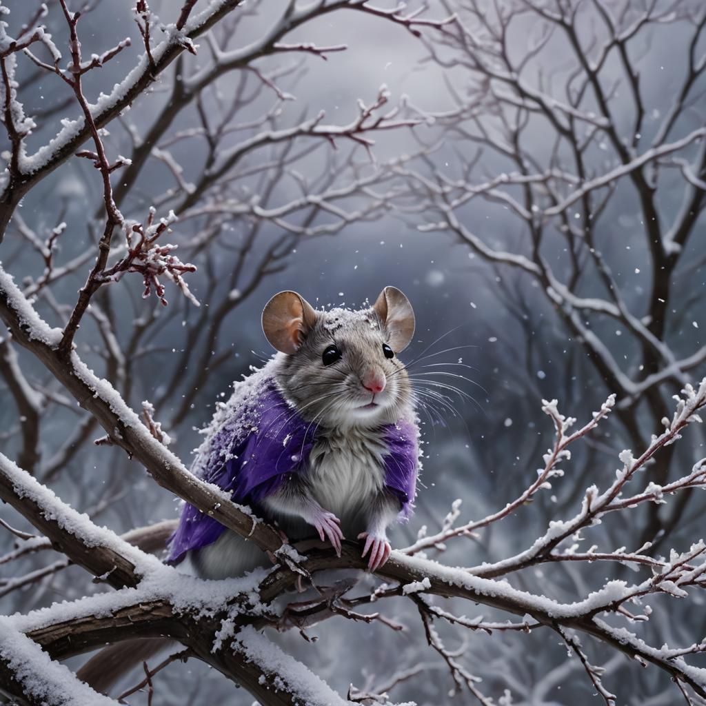 Mouse in Purple Coat Amidst Snowstorm, Matte Painting