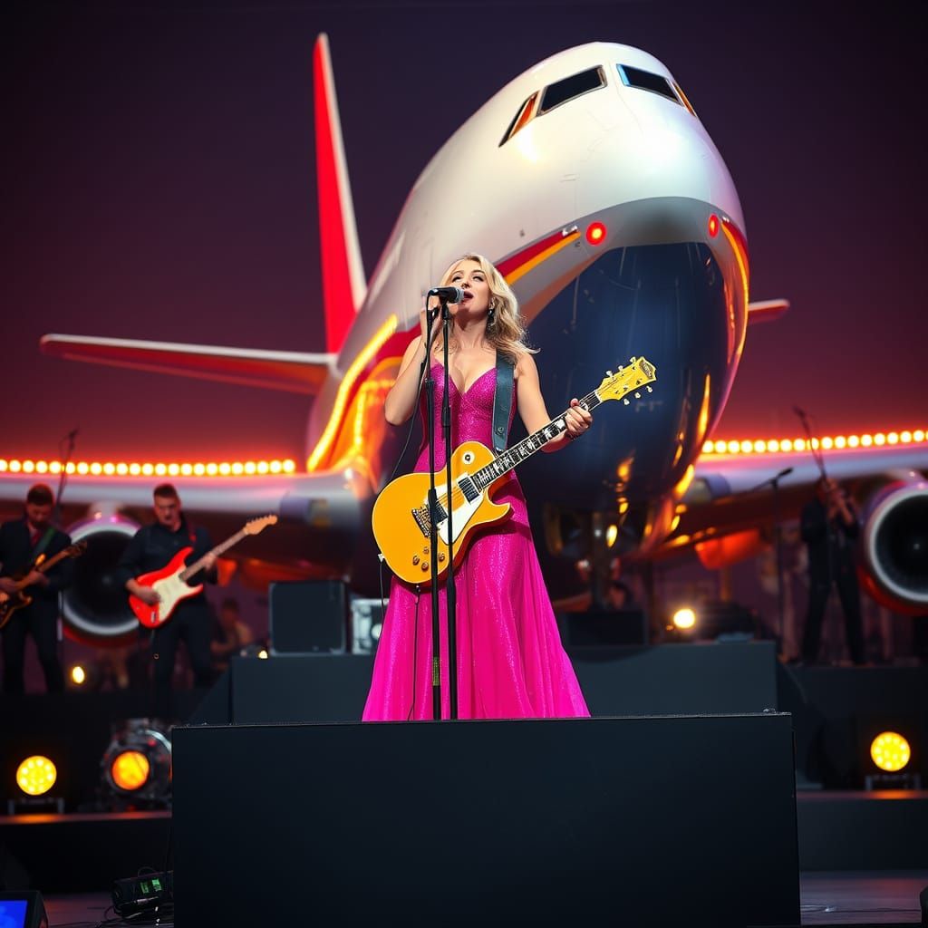 Singer and Band Perform with Airplane Backdrop