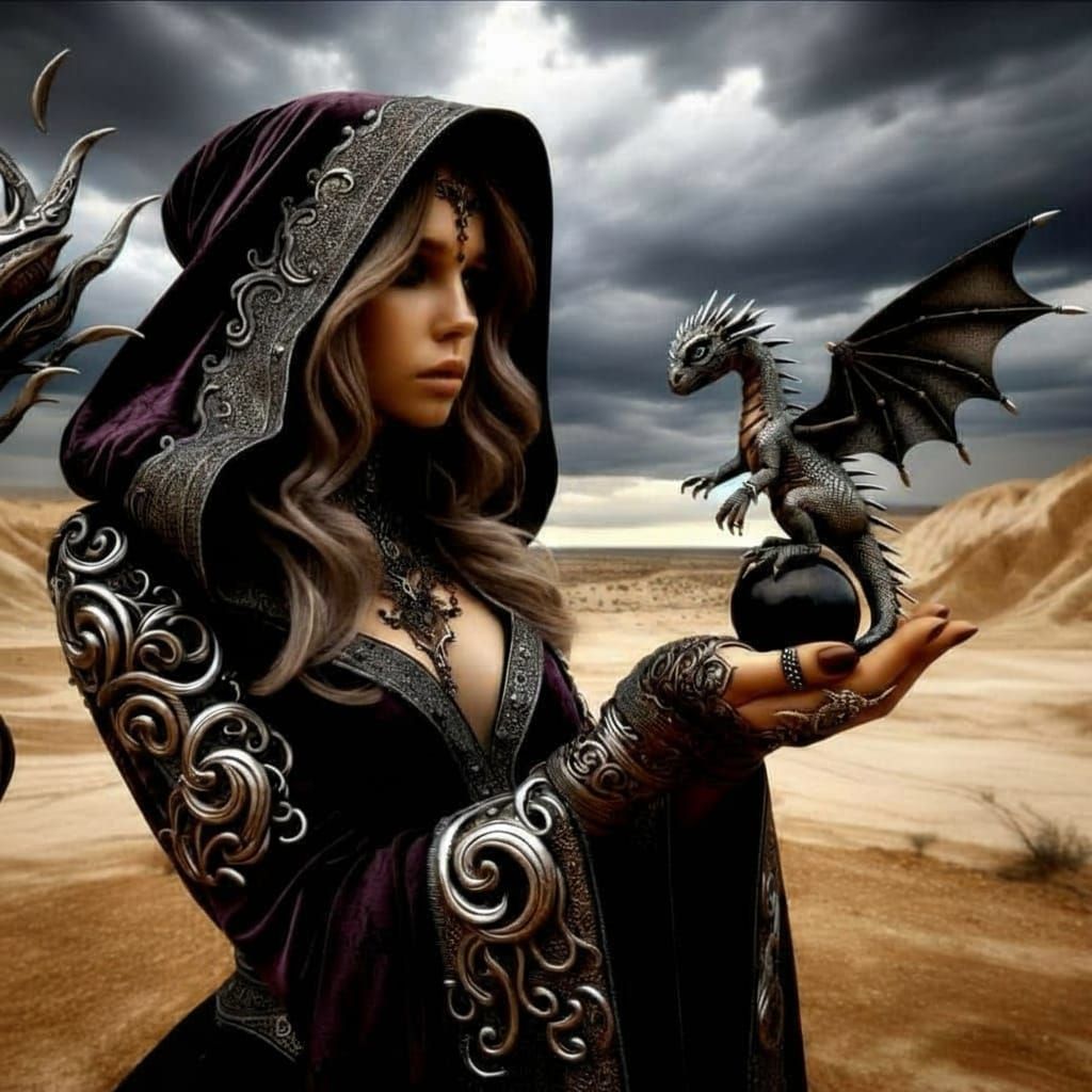 Exotic Sorceress Emerges from Desert Ruins in Cyberpunk Styl...