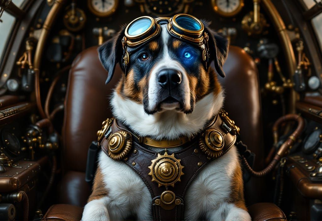 Dog Pilot in Steampunk Cockpit